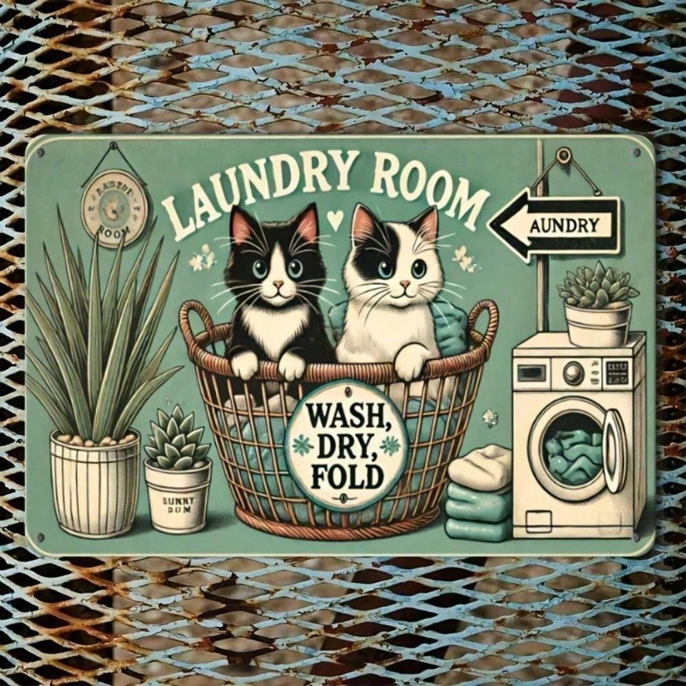 Vintage Cat Washing Machine Metal Wall Art Decor with Adhesive Hooks, Farmhouse Style 2D Hanging Ornament for Home