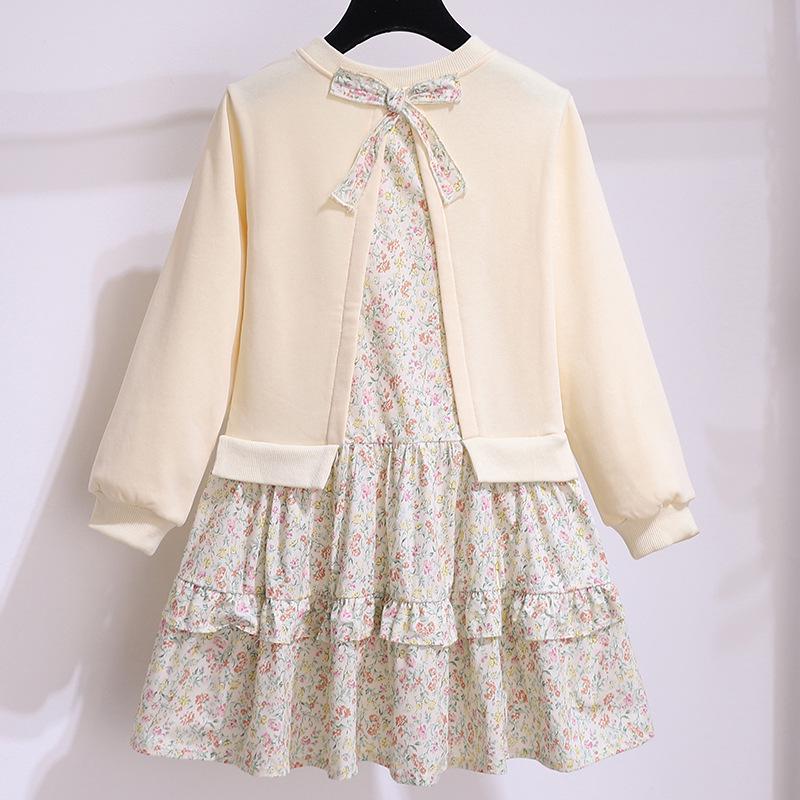 Dívčí svetrové šaty s květinovým prošíváním - Dlouhý rukáv, dvoudílný vzhled pro jaro a podzim