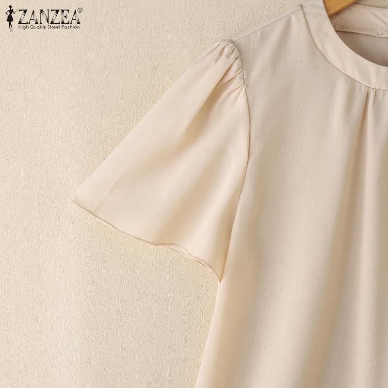 ZANZEA Women Summer O-neck Casual Short Sleeve Plain Blouse