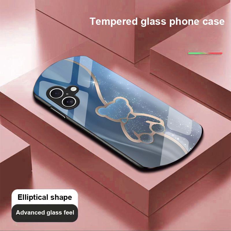 Trompe L'oeil Bear For Apple IPhone 16 11 13 15 14 Pro Max 12 Mini 7 8 Plus XR X XS Elliptical Shaped Tempered Glass Phone Case