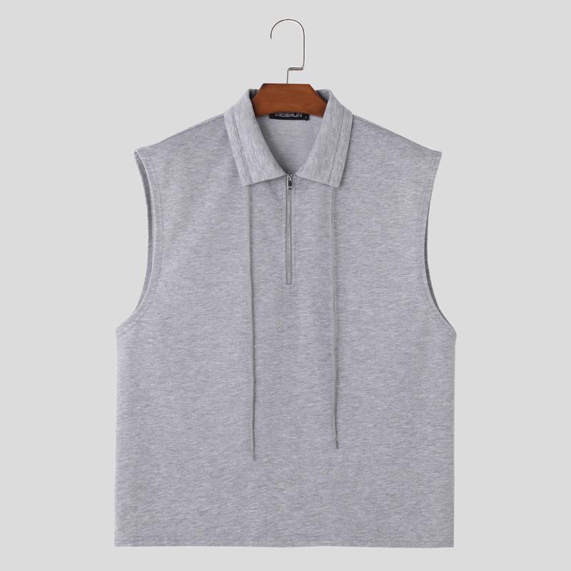 Men Turn Down Collar Zipper Up Sleeveless Pullover Vest Wiastcoats