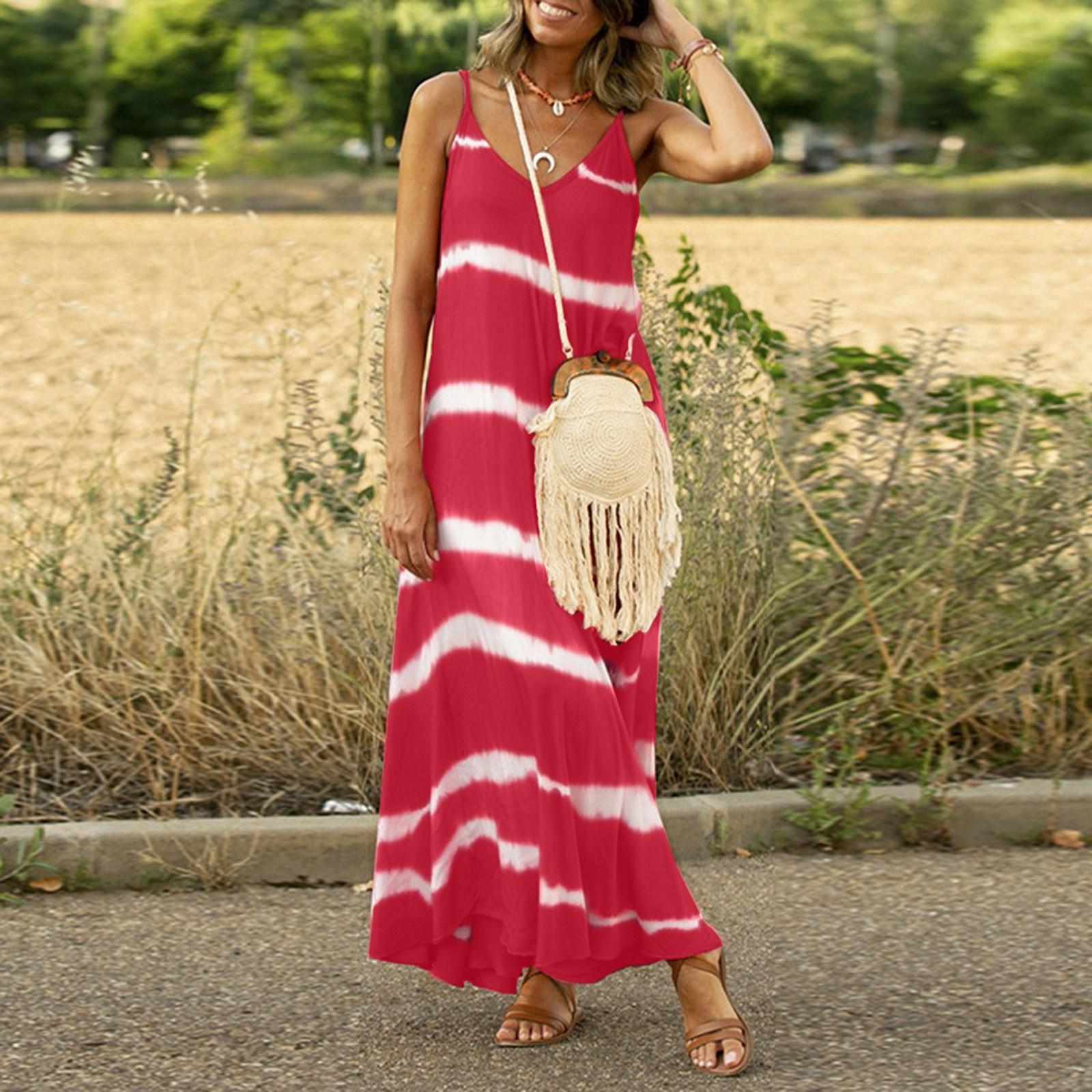 Womens Casual Sleeveless Gradient Tie- Striped V Neck Loose Maxi Dress(S-5XL) XXXXXL розовый