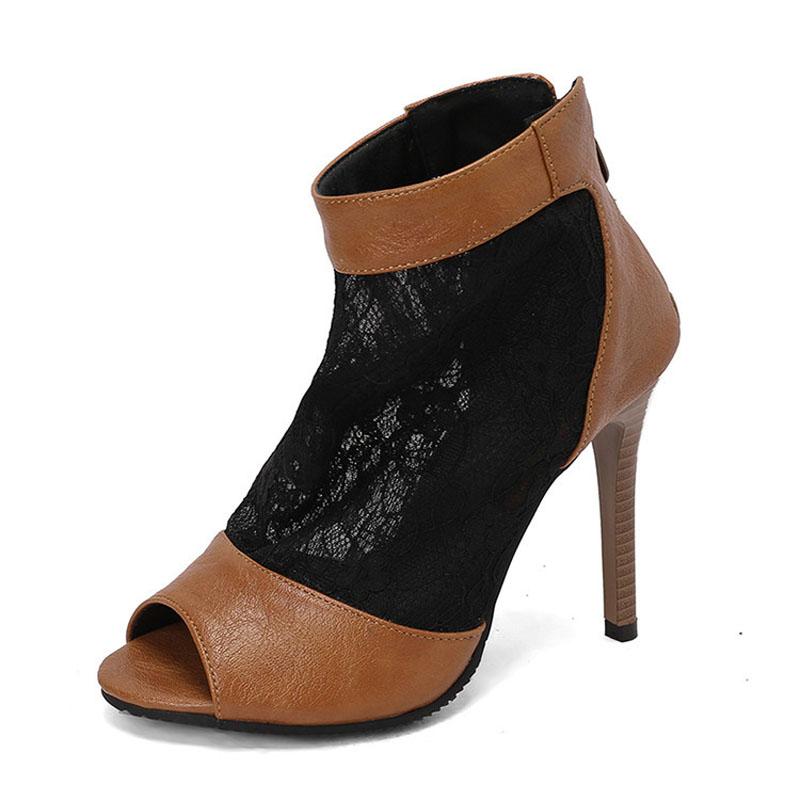 Custom Peep Toe Boots Sandals for Women Fashion Lace Patchwork Summer Women's Shoes Ladies Party Shoes 10.5CM Thin Heels WSH5266