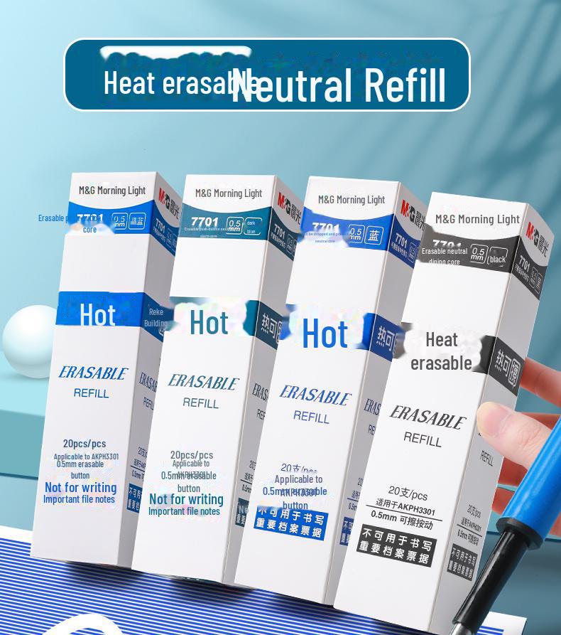 Morning Glory 7701 Varmeslettbar Gelpenn Påfyll - 0,5 mm Svart/Krystallblå med Magisk Viskelær