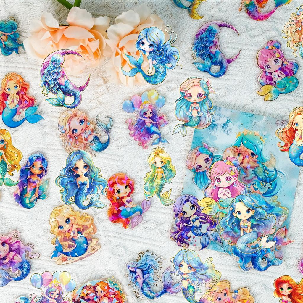 30-Pack Mermaid Decals, Cartoon Vinyl with Glitter & Holographic Effects, Self-Adhesive, Reusable, for Scrapbooking, DIY Crafts, Journaling