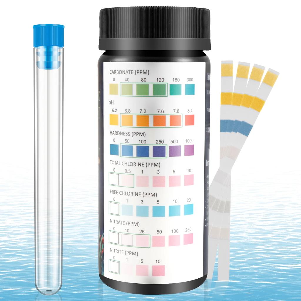100Pcs Aquarium Test Strips 7 in 1 Water Testing Kits with Test Tube Freshwater Saltwater Home Carbonate Root pH Test Tool