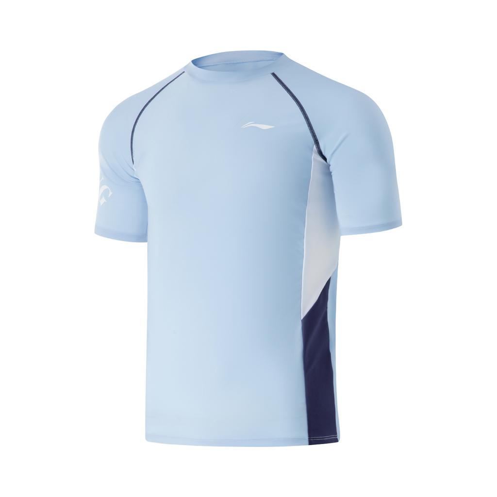 Li Ning Swimming Series Round Neck Raglan Logo Short Sleeve Swimwear Men Swimwear Ice-River-Blue Deep-Lantern-Blue ASLU125-2
