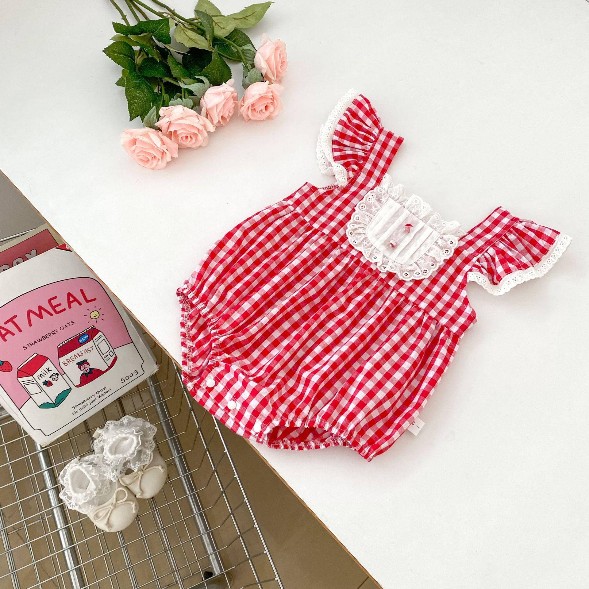 Retro Plaid Flutter Sleeve Baby Romper Summer Girls Stylish Bodysuit Photo Outfit 66