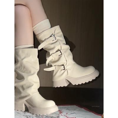 French Cream White Platform Short Boots Women's Medium Tube Pleated Trousers Stacking Boots 2025 Autumn Belt Buckle Retro Knight Boots