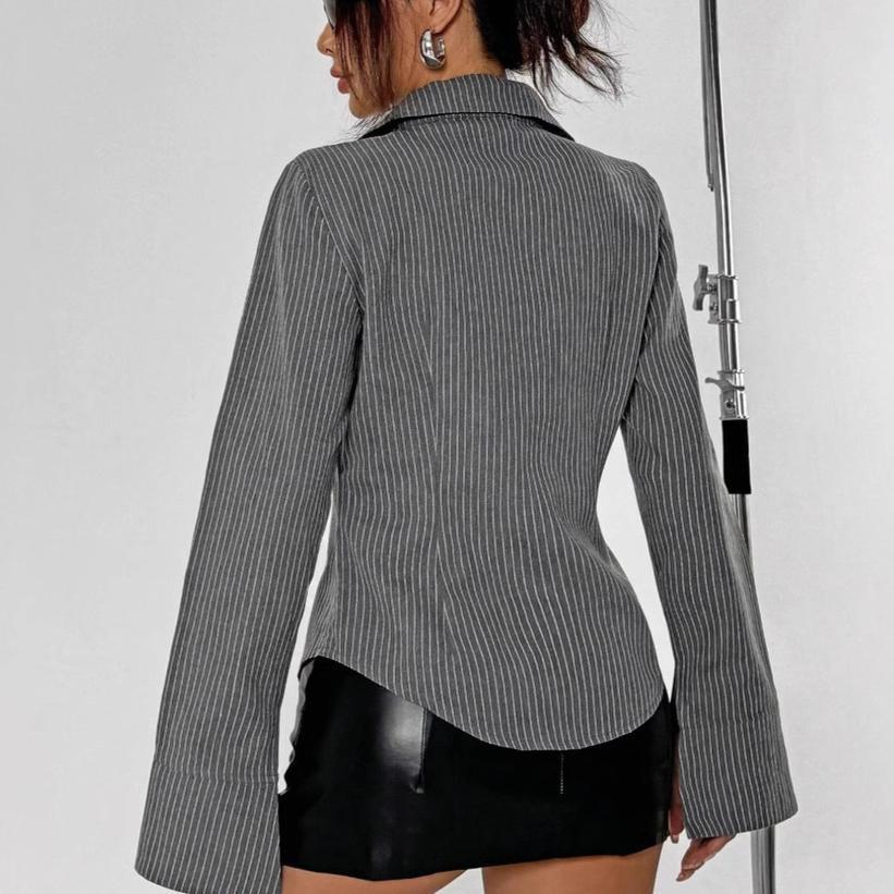 Women's Striped Button Down Long Sleeve Fitted Blouse Flare Sleeve Casual Shirt