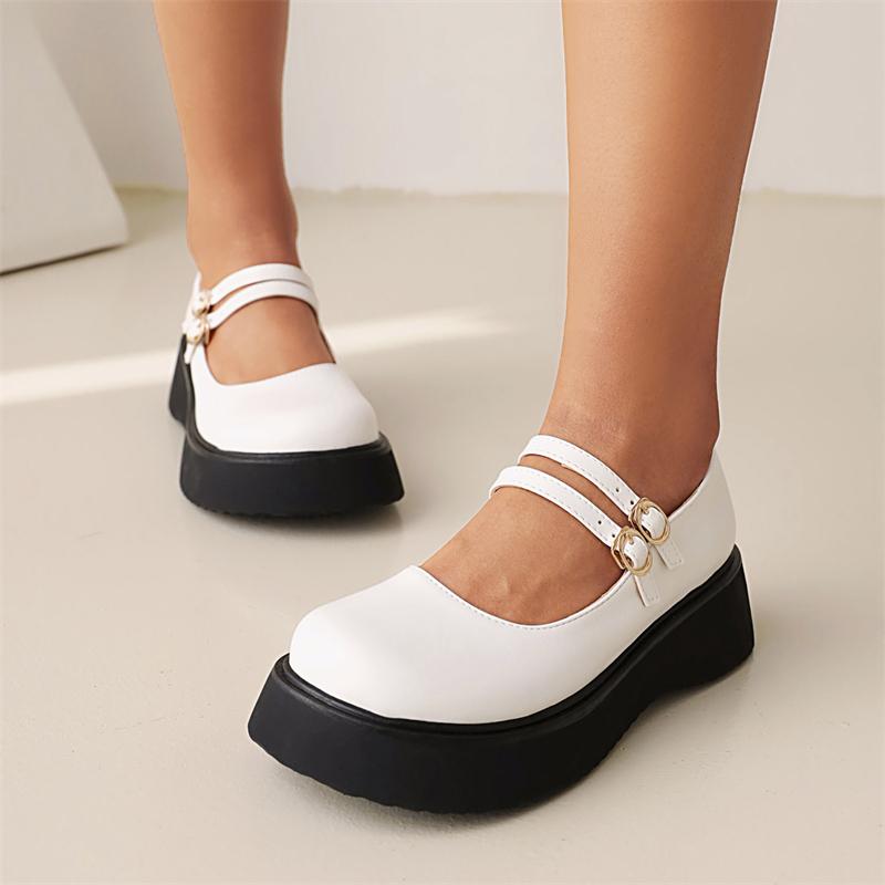Women's Flats Fashion Flat Platform Black White Wedge Loafers Shoes Patent Leather Straps Mary Janes Shoes Girls