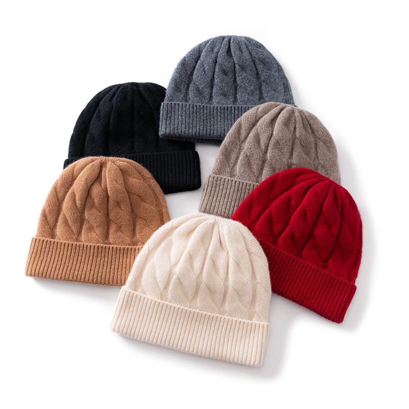 100% Pure Wool Solid Color Twisted Cuffed Knitted Hat Women'S Winter Thickened Warm Fashion Fried Dough Twists Baotou Hat Men