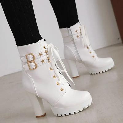 Mode 2024 Weiß Schwarz PU Leder Stiefeletten Frauen Herbst Winter Round Toe Lace Up Schuhe Frau Mode Motorrad Plattform Botas