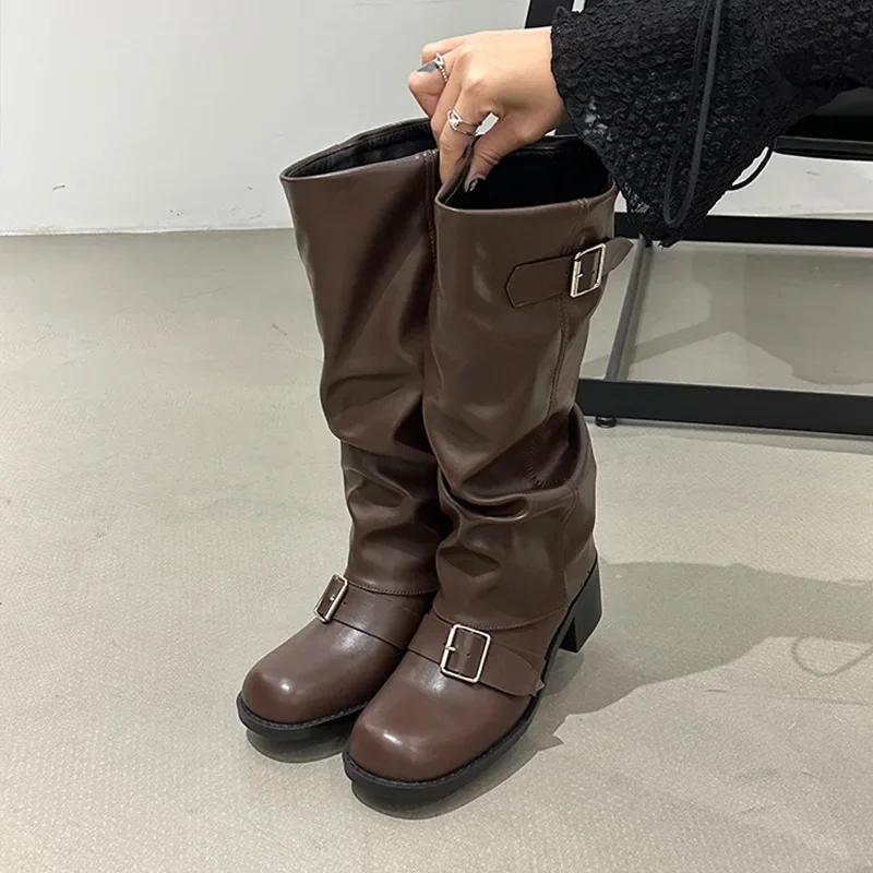Fashion Comemore Autumn Women Biker Boots Fashion Belt Buckle Ladies Elegant Platform Long Pipe Booties Casual Women's Knee High Boots