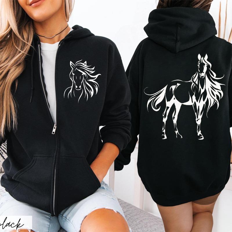 Western Horse Print Women's Fleece Hoodies Zipper Sportwear Sweatshirts Horse Lovers Zip Up Women Hoodies Hip Hop Streetwear