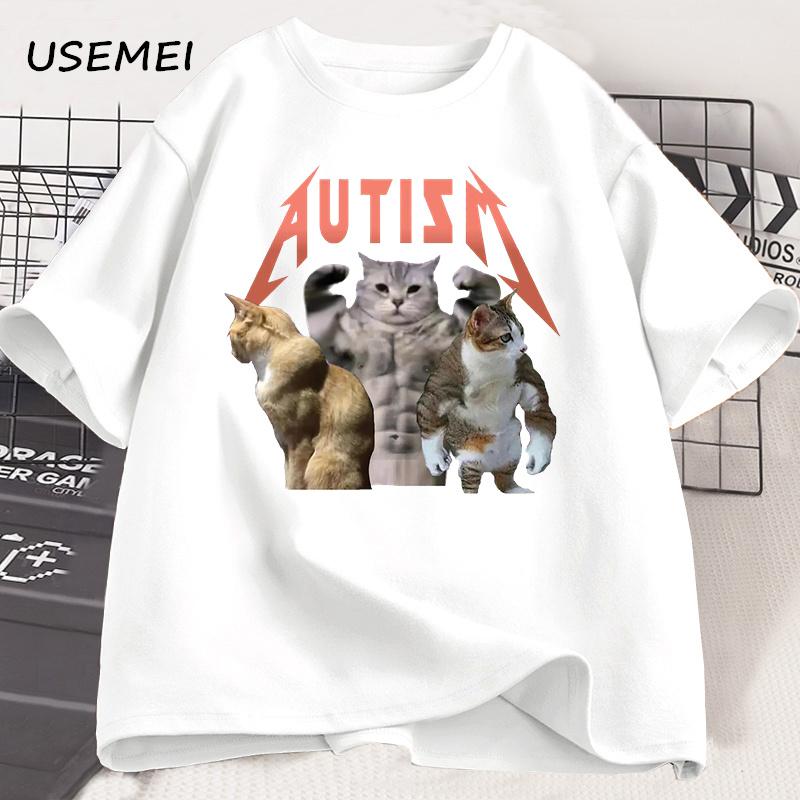 Funny Cat Autism T-shirt Men Women Cotton Short Sleeve Tshirt Unisex Streetwear Grpahic Tees Printed Oversized Male Clothes Tops