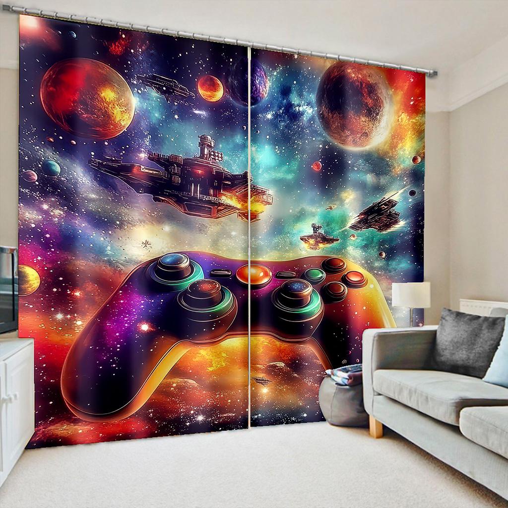 3D Galaxy Gamepad Vorhänge 2 Paneele Bunter Universum Sternen Druck Sonnenschutz Schlafzimmer Dekor Gamer Favorit Sci-Fi Weltraum Thema