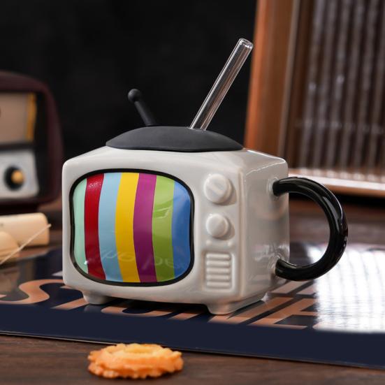 Retro Television Ceramic Mug with Lid & Straw 450ml Creative Nostalgic Design Coffee Cup Leak-Proof & Heat Resistant Drinking Cup Novelty Gift Home