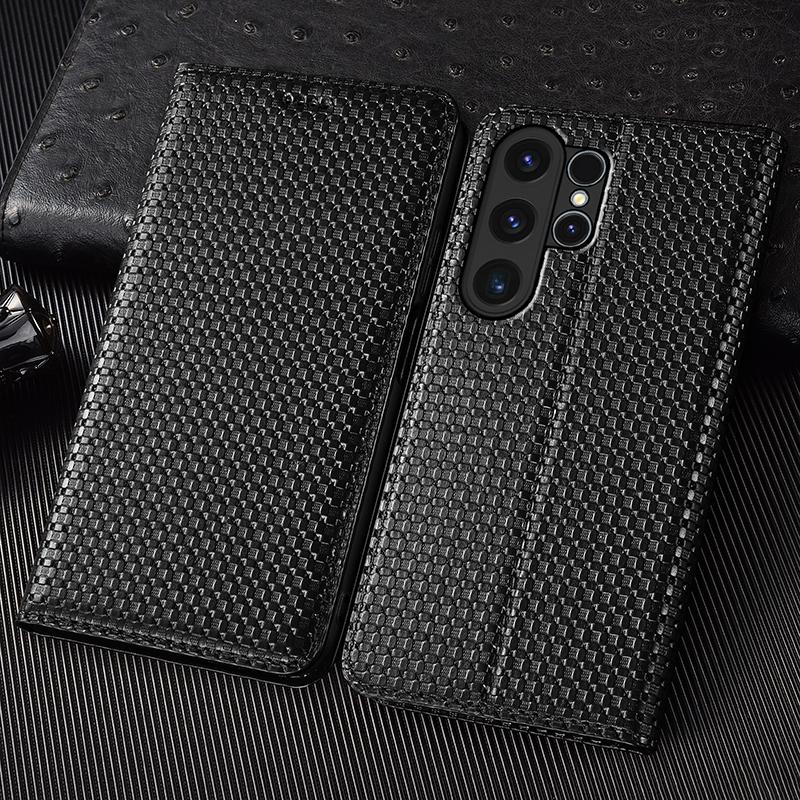 Grid Genuine Leather Flip Case for Samsung Galaxy S9 S10 S10e S20 S21 S22 S23 S24 S25 FE Plus UItra Edge Wallet Cover Cases