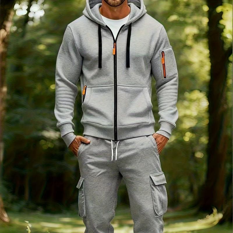 Mens Casual Tracksuit Set Solid Color Hooded Sweatshirt Multi-Pocket Zip Jogger Pants American Style Sportswear