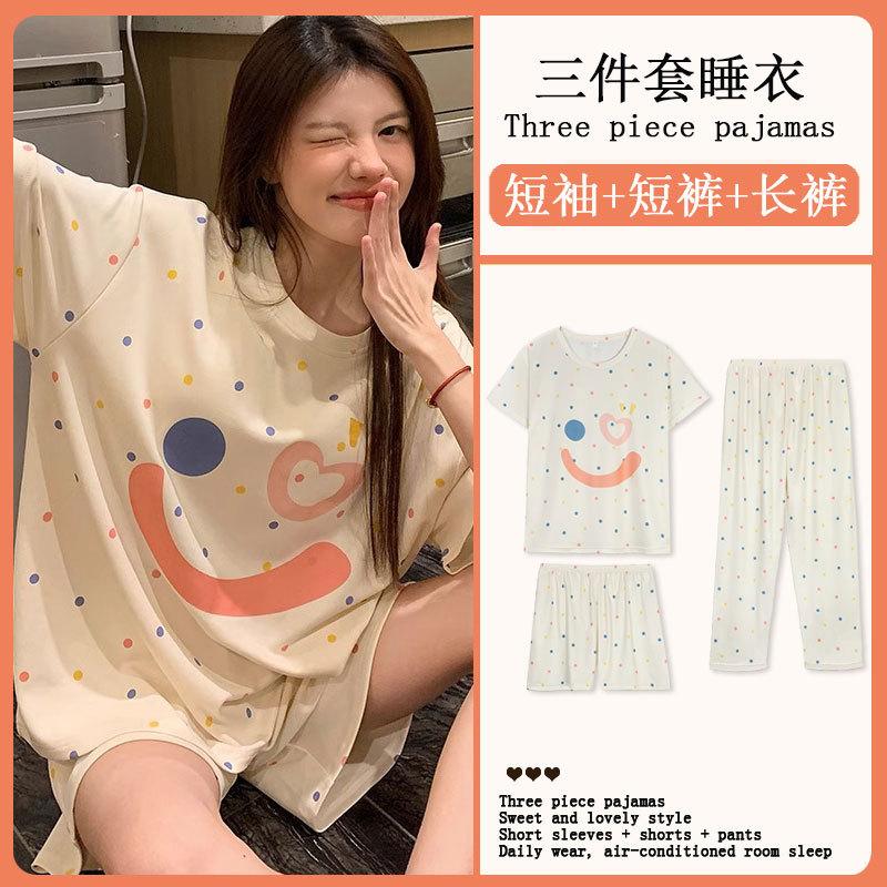 Summer Korean Sweet Pajamas Women's Crew Neck Short-sleeved Three-piece Comfortable Women's Loungewear Spot Straight Hair