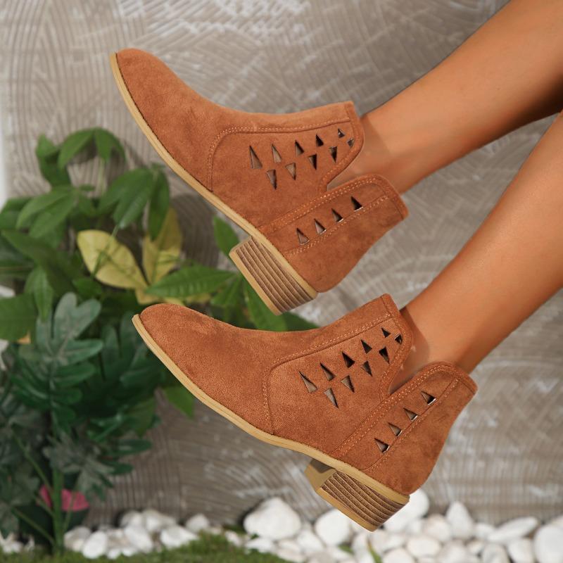 Women's Chunky Single Boots Autumn New Round Head Suede Hollow Breathable Non-slip Short Boots