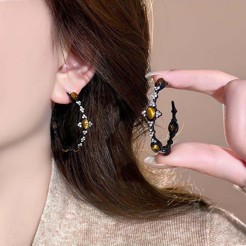 Shiny Zircon C-Shaped Earrings for Women Girls Vintage Brown Tiger Eye Stone Drop Earrings Unique Design Christmas Jewelry Gift