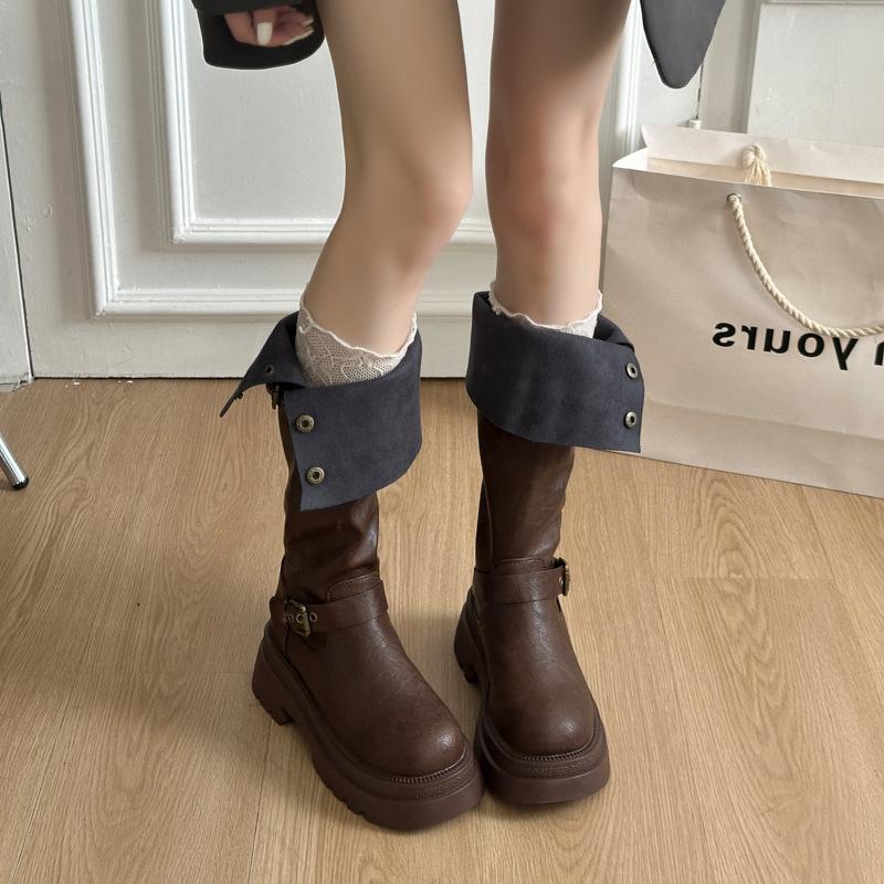 Brown thick-soled retro boots women's 2025 new autumn Maillard long boots tall knight boots thin boots