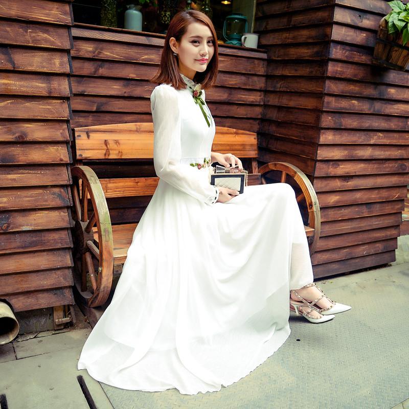 Vintage francouzské šifonové vyšívané maxi šaty s dlouhým rukávem pro ženy