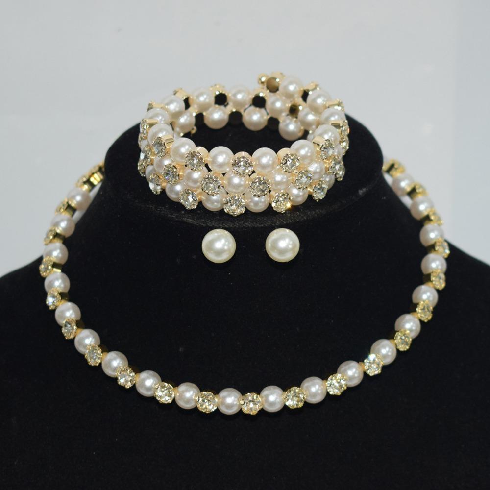Bridal Wedding Pearl Rhinestone Bundle Neck Chain Collar Bracelet Stud Earrings Three-piece Amazon Claw Chain Set