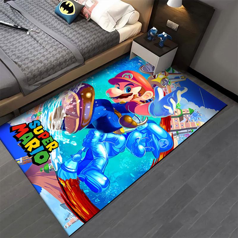 Super Mario Splashing Through Water City Scene Rug, Blue Action Cartoon Design for Everyday Comfort, Cozy Fan Rug Decor, All Seasons Gift