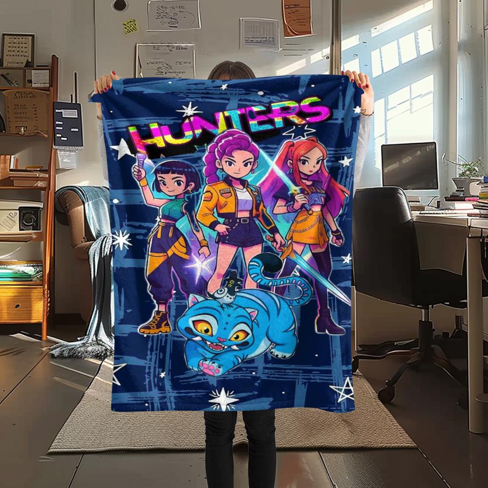 1Pc Kpop Demon Hunter Print Flannel Blanket, High quality Comfortable for All Seasons, Home Decor, Warmth and Comfort, Perfect for Gifts