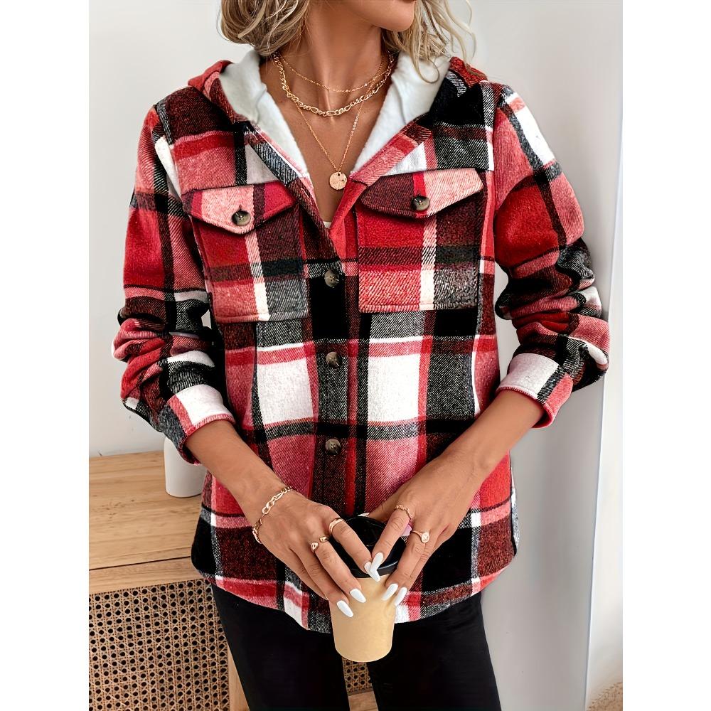 Women's Casual Plaid Hooded Jacket with Fleece Lining Woven Shirt Autumn and Winter Tops