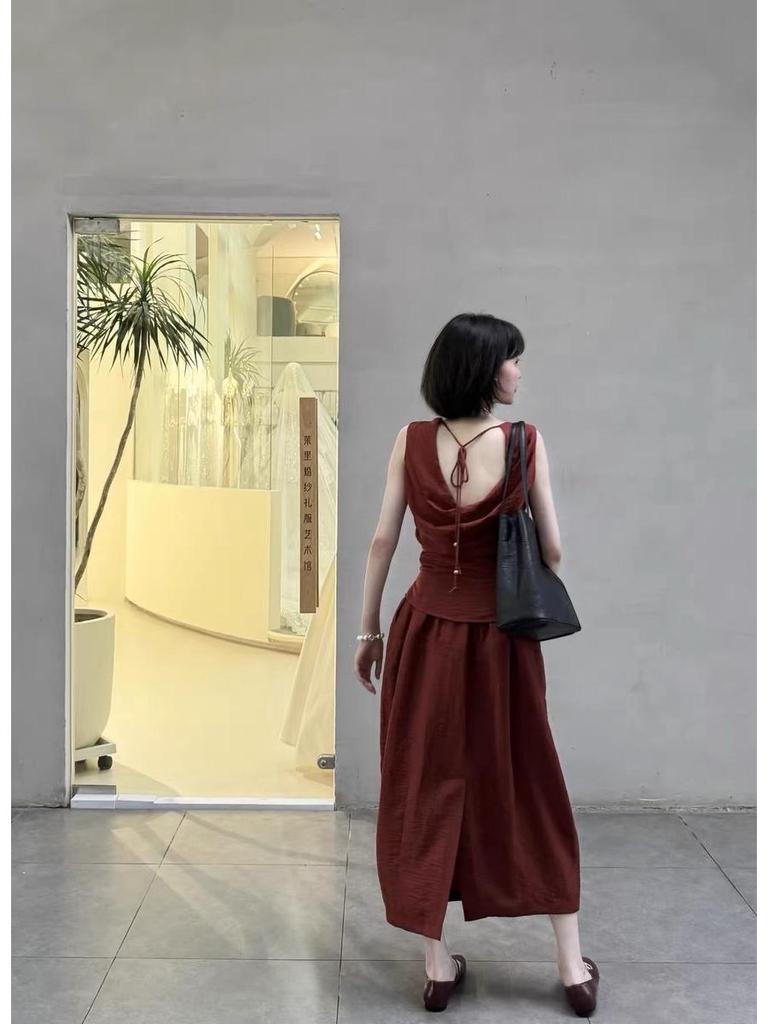 Linen-Blend Sleeveless Backless Tie Top & Half Skirt Set - Women's Summer Collection