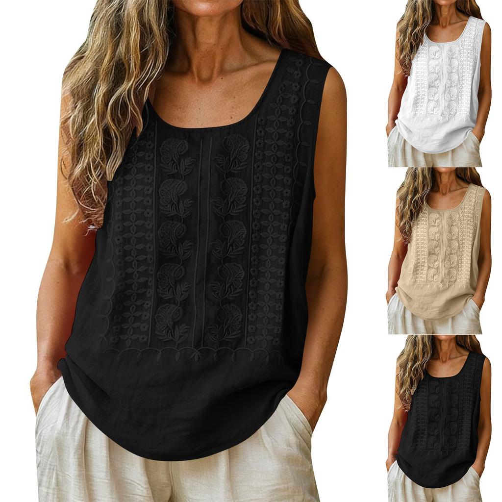 Sleeveless Round Neck Embroidered Casual Loose Fit Blouse for Women Comfortable Lightweight Top