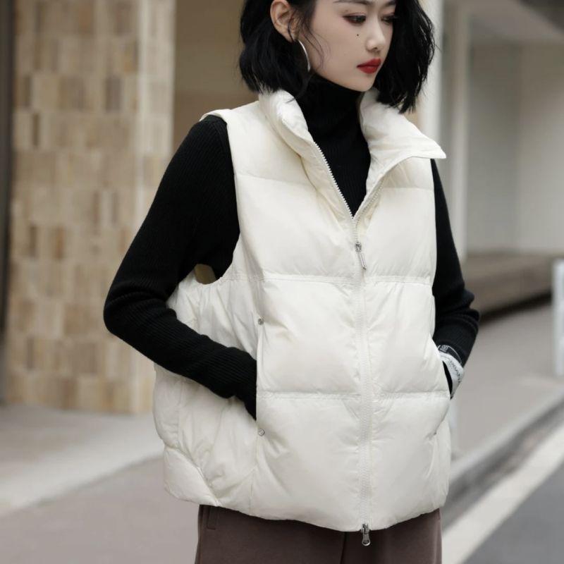 Women's New Arrival White Duck Down Vest with Rivets - Versatile Stand Collar Outerwear