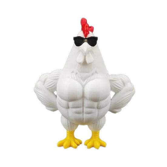 

3D Printed Muscle Chicken Figurine Funny Cool Rooster Statue with Sunglasses Collectible Muscular Cock Desktop Ornament for Home Office Executive Desk белый