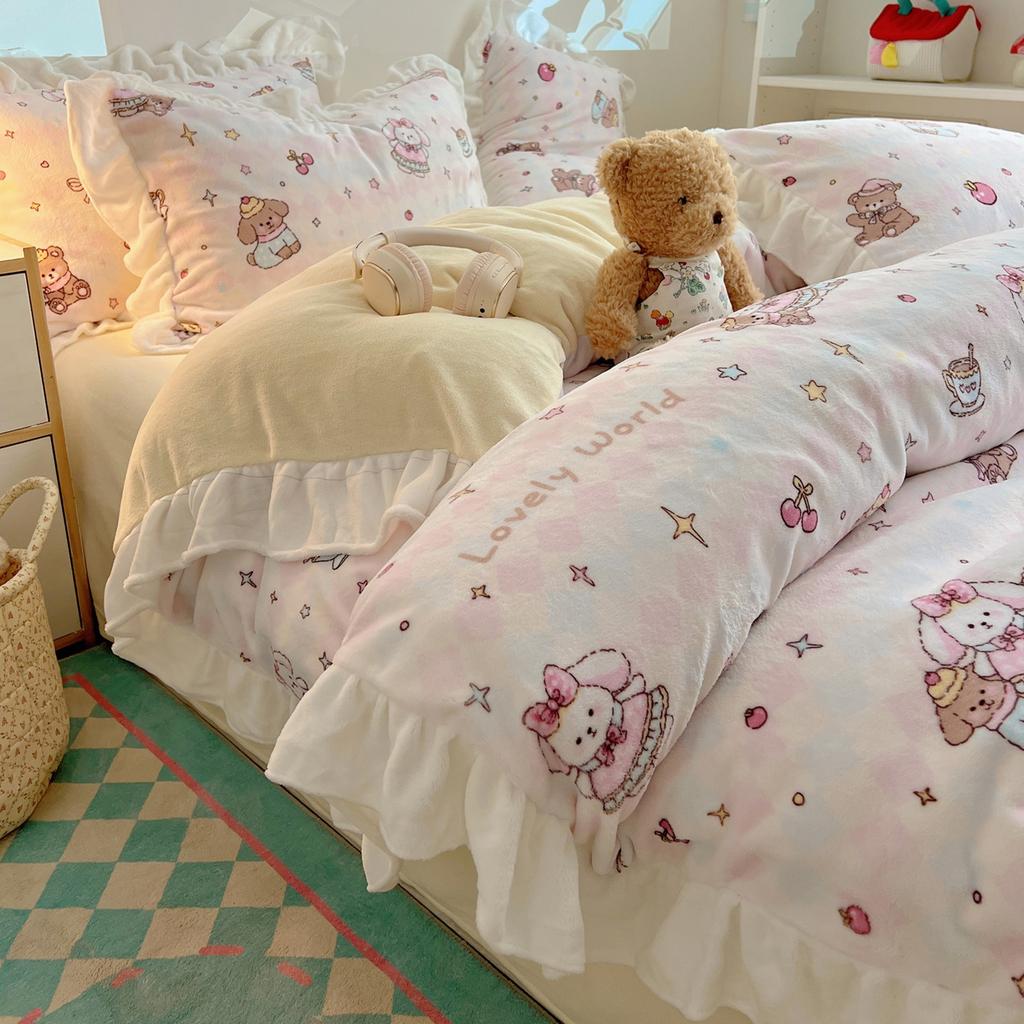 Thickened Milk Fleece Bed Four-Piece Set, Cute Lace Coral Fleece Quilt Cover, Fleece Bed Sheet Three-Piece Set