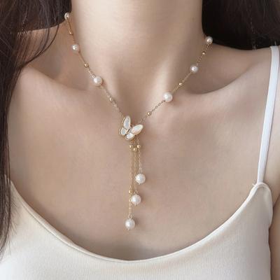Women Light Luxury Tassel Shell Butterfly Freshwater Pearl Clavicle Pendant Necklace