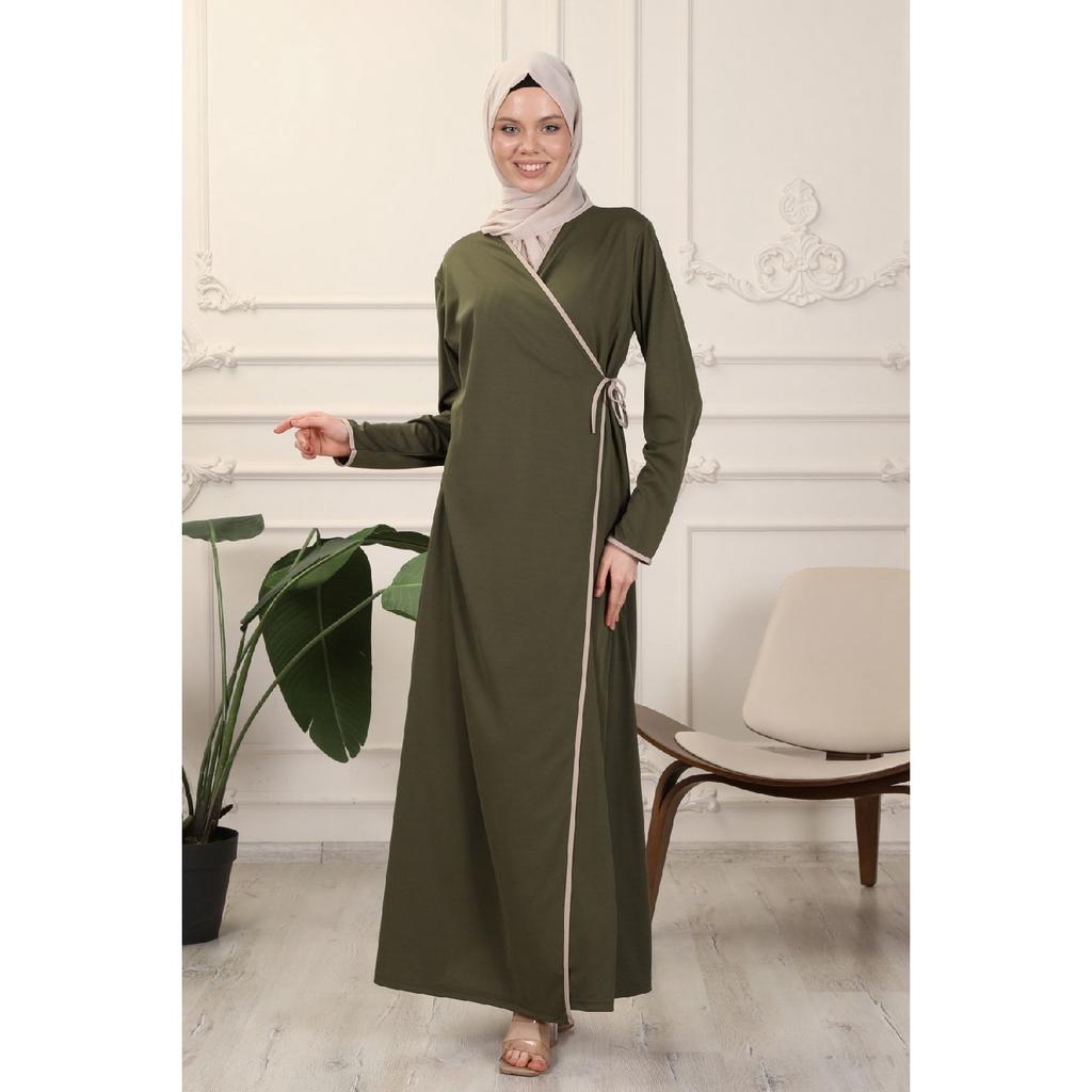 Black Double Breasted Neck Piping Flexible Interlock Fabric Prayer Dress