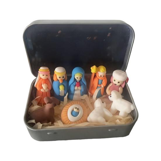 1/2/3Pcs Mini Nativity Scene Set In Tin Box Handcrafted Pocket Size Nativity Scene Tin Resin Birth of Jesus Ornament Christmas Decoration