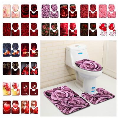 Rose Petal Series Bedruckte Toilettenbodenmatte Dreiteiliges Badezimmer-Teppichset