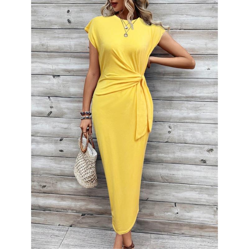 Elegantes Taillenband Gestreiftes Kleid Kurzärmelig Rundhals Schlanke Passform Lässig Sommerkleid Party Bodycon Damen Schnürung Bedruckte Kleidung