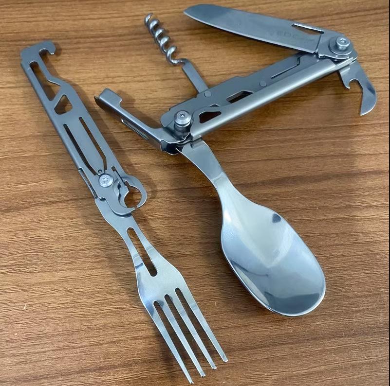 Portable Multifunctional Stainless Steel Folding Cutlery Set with Fork, Spoon, Knife, & Bottle Opener