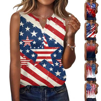 Camiseta sin mangas con cuello en V y botones al frente para mujer, blusa informal de verano con estampado de bandera americana, camisa ligera de corte holgado