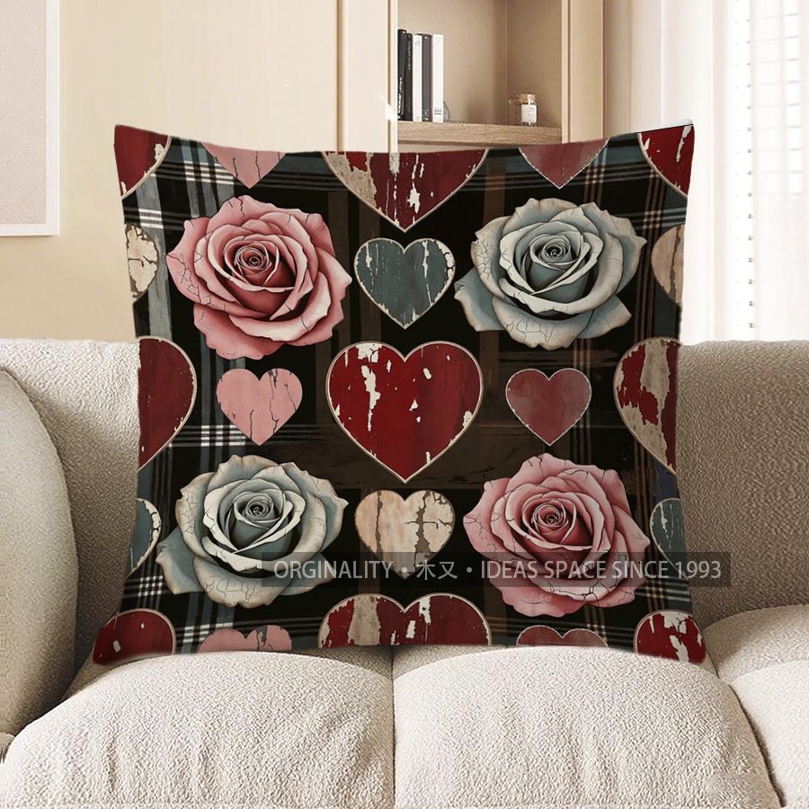 2D Floral Hearts Pattern Throw Pillow Covers Pattern Cushion Cover Suitable For Sofa Bedroom Car Pillow Cover