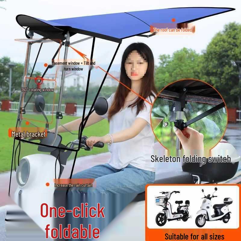 Electric Vehicle Detachable Folding Awning: Retractable Sunshade, Windproof & Rainproof for Pedal Motorcycles.