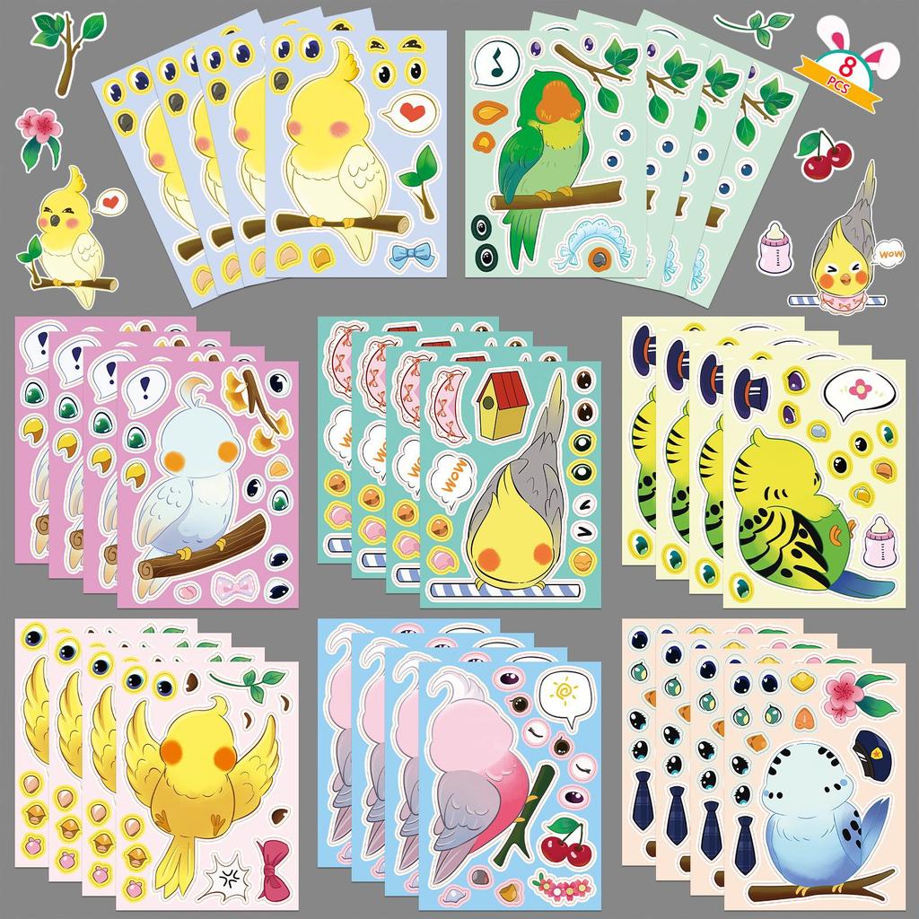 8 Pictures/set of Parrot Face Change Graffiti Stickers Personality Make A Face Cartoon Puzzle Stickers