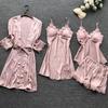 European and American Sexy Pajamas Set: Camisole with Chest Pads, Women's Homewear Robe, and Bathrobe - Four-Piece Set