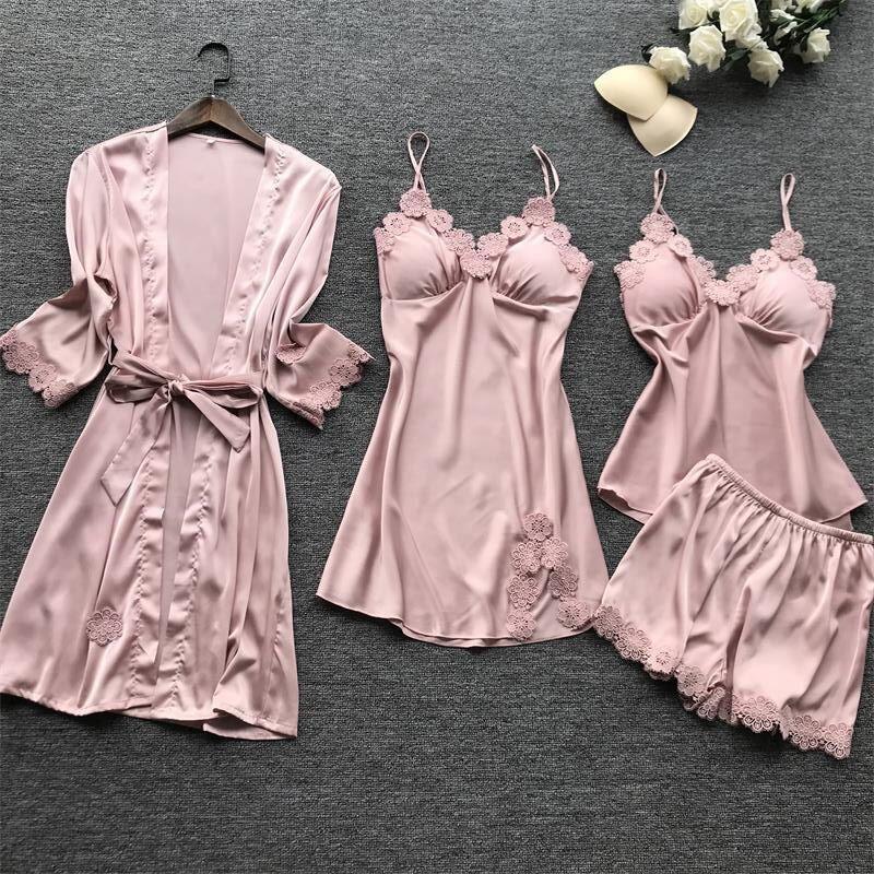 European and American Sexy Pajamas Set: Camisole with Chest Pads, Women's Homewear Robe, and Bathrobe - Four-Piece Set